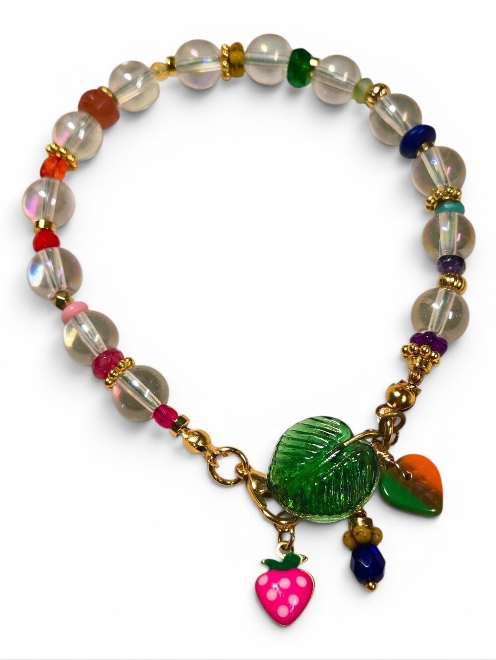 Dopamine Colorful Beaded Charm Bracelet with Green Leaf & Fruit Charms